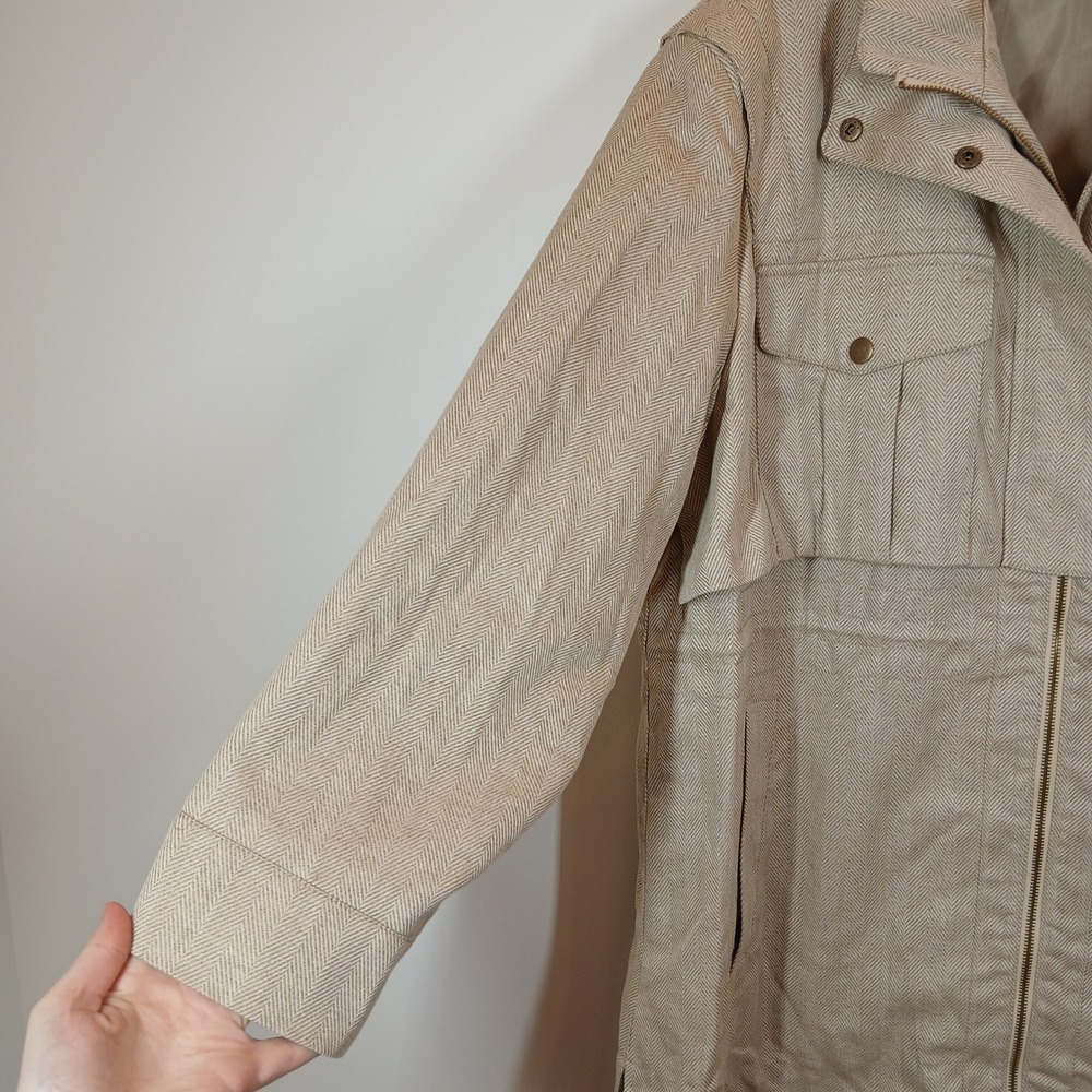 Banana Republic Tan Herringbone Utility Jacket XXL Zip Front Drawstring Waist - Picture 4 of 9